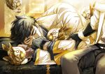  1boy 1other alchemy_stars amol_0522 bara bed black_hair closed_eyes commentary_request fingerless_gloves gloves highres jacket long_sleeves male_focus mature_male muscular muscular_male pittman_(alchemy_stars) short_hair sleeping white_jacket 