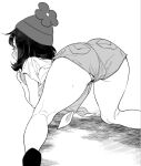  1girl all_fours ass ass_focus bangs blush censored closed_mouth greyscale hat monochrome panties panty_peek pantyshot pokemon pokemon_(game) pokemon_sm selene_(pokemon) shirt short_sleeves shorts simple_background solo tied_shirt underwear zuizi 