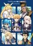  2girls 5boys ahoge animal_ears armor arthur_pendragon_(fate) artoria_pendragon_(fate) artoria_pendragon_(lancer)_(fate) artoria_pendragon_(swimsuit_ruler)_(fate) bangs bare_shoulders black_hair blonde_hair blue_eyes blue_hair book bow bowtie braid breastplate breasts chen_gong_(fate) chinese_clothes cleavage commentary_request dark-skinned_male dark_skin detached_collar diarmuid_ua_duibhne_(lancer)_(fate) dress eyebrows_visible_through_hair facial_mark fate/grand_order fate_(series) fingerless_gloves fionn_mac_cumhaill_(fate/grand_order) followers_favorite_challenge forehead_mark gae_buidhe_(fate) gae_dearg_(fate) glasses gloves green_eyes grey-framed_eyewear hagino_kouta hair_between_eyes hans_christian_andersen_(fate) hat holding large_breasts long_hair long_sleeves looking_at_viewer medium_breasts mole mole_under_eye multiple_boys multiple_girls necktie open_mouth playboy_bunny polearm ponytail purple_eyes purple_hair rabbit_ears ribbon saber_alter shirt short_hair sidelocks smile spear striped upper_body very_long_hair vest weapon yellow_eyes 