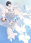  1girl animal apron bangs barefoot basket black_hair blue_skirt blue_sky blue_theme blunt_bangs blush bob_cut bunny closed_eyes closed_mouth cloud cloudy_sky commentary day english_commentary facing_to_the_side fantasy from_side full_body grey_apron hands_up highres holding holding_needle long_skirt needle on_cloud original outdoors painting_(medium) pin pincushion profile puffy_short_sleeves puffy_sleeves schinako scissors sewing sewing_kit sewing_needle sewing_pin shirt short_sleeves sidelighting signature sitting sitting_on_cloud skirt sky smile solo spool striped striped_skirt toes traditional_media u_u vertical-striped_skirt vertical_stripes white_shirt wristband 