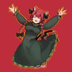  1girl :3 :d \o/ ^_^ animal_ears arms_up bangs black_bow blunt_bangs bow braid cat_ears cat_tail closed_eyes cowboy_shot cropped_legs dress eyebrows_visible_through_hair frills green_dress hair_bow happy highres kaenbyou_rin long_hair long_sleeves multiple_tails nekomata nyong_nyong outline outstretched_arms petticoat puffy_long_sleeves puffy_sleeves red_background red_hair simple_background smile solo tail touhou twin_braids twintails two_tails yellow_outline 