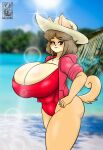  2019 absurd_res anthro big_breasts blue_eyes breasts brown_eyebrows brown_hair canid canine canis clothing day domestic_dog eyebrows female fingers hair halotroll headgear headwear hi_res huge_breasts june_(jinu) mammal one-piece_swimsuit outside shiba_inu solo spitz swimwear water 
