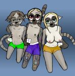  aji_(sahar) anjhe anthro arm_tattoo big_breasts bottomwear breasts clothed clothing female group leg_tattoo lemur mammal primate razumi sahar shorts small_breasts strepsirrhine tattoo topless topless_anthro topless_female 