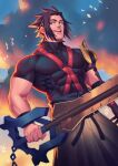  1boy bara black_hair blue_eyes commentary covered_abs gloves highres holding kingdom_hearts large_pectorals male_focus mature_male muscular muscular_male open_mouth pectorals smile solo terra_(kingdom_hearts) weapon xelgot 