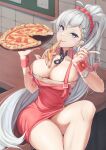  azur_lane belfast_(azur_lane) belfast_(piping-hot_perfection)_(azur_lane) blue_eyes braid breasts cleavage commentary dress earrings eyelashes food food_in_mouth hair_ornament hair_scrunchie highres holding holding_plate huge_breasts jewelry long_hair looking_at_viewer official_alternate_costume pizza pizza_hut plate ponytail red_dress red_scrunchie ropi_(yyuichi29) scrunchie side_braid silver_hair sitting smile very_long_hair waitress 