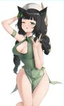  1girl absurdres animal_ears arm_up armband armpits bangs bare_legs bare_shoulders beret black_hair blunt_bangs braid breasts cat_ears china_dress chinese_clothes cleavage_cutout clothing_cutout clover covered_navel dress four-leaf_clover gold_trim green_dress green_eyes hair_ornament hand_up hat highres long_hair looking_at_viewer medium_breasts nail_polish no_panties one_eye_closed original parted_lips pelvic_curtain simple_background sleeveless sleeveless_dress solo steeb thighs twin_braids twintails white_background white_headwear 