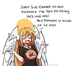  1girl angel angel_wings artist_name atheism blasphemy closed_eyes cross english_commentary english_text flying_spaghetti_monster head_wings jewelry long_hair murgoten necklace open_mouth original shrugging solo very_long_hair wings yellow_eyes 