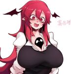  1girl :d bangs bespectacled between_breasts black_vest blush breasts cleavage eyebrows_visible_through_hair fang full-face_blush glasses hair_between_eyes head_wings highres koakuma large_breasts long_hair looking_down nyong_nyong red_eyes red_hair semi-rimless_eyewear shirt simple_background smile solo touhou upper_body very_long_hair vest white_background white_shirt 