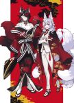  +70491014+ 1boy 1girl animal_ear_fluff animal_ears barefoot_sandals bell black_hair black_kimono blue_ribbon collared_shirt cosplay costume_switch crossed_arms earrings eyebrows_visible_through_hair eyeshadow fox_ears hair_behind_ear hair_over_one_eye highres holding holding_pipe jacket japanese_clothes jewelry kemonomimi_mode kimono kimono_on_shoulders lantern_earrings makeup medium_hair multiple_tails neck_bell neck_ribbon necklace nijisanji nijisanji_en nina_kosaka nina_kosaka_(cosplay) off_shoulder one_eye_covered oni_giri_(vox_akuma) pants pipe red_eyes red_eyeshadow red_hair red_kimono red_ribbon ribbon shirt silver_hair single_earring smile tail virtual_youtuber vox_akuma vox_akuma_(cosplay) white_jacket white_pants 