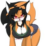  anthro big_breasts black_hair blush bottomwear breasts canid canine clothing down_blouse fan_character female fox fur hair hi_res hotpants loralai_boulevard mammal orange_body orange_fur pace-maker red_eyes shorts solo thick_thighs 