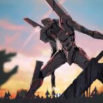 blood blood_on_weapon eva_02 extra_eyes highres korean_commentary leaning_forward mecha neon_genesis_evangelion no_humans open_hand science_fiction siku199 solo sunset sword weapon 