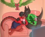  2021 6:5 anthro beverage bow candy chocolate christmas christmas_clothing clothing cuddling dessert duo english_text female female/female food furniture happy heterochromia holidays horn hot_chocolate inside kobold scalie sitting slightly_chubby sofa starit tarr television text 