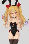  1girl :o alternate_costume black_legwear black_leotard blonde_hair bow crystal cum cum_string facial fang flandre_scarlet grey_background hair_between_eyes hair_bow highres leotard long_hair looking_at_viewer nail_polish open_mouth pointy_ears red_bow red_eyes red_nails reddizen simple_background solo strapless strapless_leotard thighhighs touhou twintails wings 