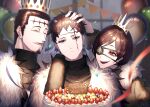  1girl 2boys :d ^_^ absurdres arm_around_shoulder balloon bangs birthday black_clover black_hair black_shirt blue_eyes blurry blurry_background blurry_foreground cake character_name chest_strap closed_eyes confetti crown dante_zogratis depth_of_field english_text expressionless eyepatch facial_hair facial_mark food frit_2 fruit fur_coat fur_collar gem goatee green_eyes hair_behind_ear hair_slicked_back hand_in_another&#039;s_hair hand_on_another&#039;s_head happy_birthday head_on_another&#039;s_shoulder high_collar highres insignia long_bangs looking_at_another looking_at_viewer multiple_boys mustache o-ring open_mouth parted_bangs parted_lips party red_eyes shirt short_hair sideburns smile spade_(shape) strawberry streamers string_of_flags tiara vanica_zogratis zenon_zogratis 