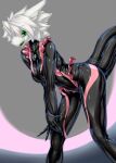  anthro clothing dragon female frilly frilly_clothing green_eyes hair hands_on_knee hi_res location_now rubber rubber_clothing solo tight_clothing white_hair wingless_dragon 