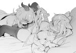  2girls ahoge bed_sheet between_legs blush breasts closed_eyes clothes_lift cunnilingus double_bun dress dress_lift ganyu_(genshin_impact) genshin_impact gloves goat_horns greyscale hair_cones horns keqing_(genshin_impact) large_breasts leotard leotard_pull licking lying monochrome multiple_girls on_back on_bed oral panties panty_pull pantyhose pussy pussy_juice ryein saliva sheet_grab single_horn sweat underwear yuri 