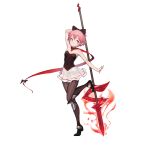  1girl absurdres arm_at_side arm_up armor artist_request bangs bow closed_mouth dress gorgeous_mushroom hair_bow highres holding holding_polearm holding_weapon illusion_connect leg_up looking_at_viewer nina_(illusion_connect) official_art pantyhose pink_eyes pink_hair polearm polearm_behind_back shoes simple_background smile solo standing standing_on_one_leg strapless strapless_dress third-party_source transparent_background weapon 