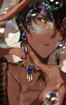  1boy absurdres arjuna_(fate) bangs black_eyes black_hair bubble closed_mouth commentary_request dark-skinned_male dark_skin earrings fate/grand_order fate_(series) hair_between_eyes highres jewelry male_focus necklace semi_finalfight smile solo 