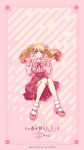  1girl alternate_costume alternate_hairstyle bare_legs blonde_hair blush bow dress fukuda_shinichi hands_up heart_belt high_heels highres kitagawa_marin multicolored_hair official_alternate_costume official_alternate_hairstyle official_art pink_bow pink_dress pink_footwear pink_hair pink_shirt red_eyes shirt socks sono_bisque_doll_wa_koi_wo_suru translation_request twintails 