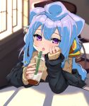  1boy absurdres black_jacket blue_hair brown_sweater chair commentary_request cup cyan_(cyan33333) drinking_straw elbow_rest hacka_doll hacka_doll_3 head_rest highres indoors jacket long_hair looking_at_viewer open_mouth otoko_no_ko purple_eyes sitting sleeves_past_wrists solo sweater table tongue tongue_out upper_body very_long_hair window 