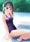 1girl :o arm_support bangs black_hair blue_swimsuit blush breasts chain-link_fence collarbone covered_navel day eyebrows_visible_through_hair fence haoriya_chie_(minidraco) highres legs_together looking_at_viewer minidraco new_school_swimsuit one-piece_swimsuit one_side_up original outdoors pool poolside purple_eyes school_swimsuit shiny shiny_clothes shiny_skin single_sidelock sitting small_breasts soaking_feet solo swimsuit water wet 