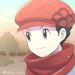 1boy black_eyes black_hair closed_mouth cloud commentary_request day grey_jacket hat jacket male_focus mountain outdoors pokemon pokemon_(game) pokemon_legends:_arceus red_headwear red_scarf rei_(pokemon) scarf shiro_iro6 short_hair silhouette sky smile solo tree upper_body 