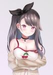  1girl arms_under_breasts asymmetrical_hair azur_lane bare_shoulders beige_cardigan black_choker black_hairband breasts brown_hair cardigan cherry_print choker cleavage food_print grey_background hairband highres long_hair looking_at_viewer medium_breasts official_alternate_costume one_side_up open_cardigan open_clothes oppai_loli pamiat_merkuria_(azur_lane) pamiat_merkuria_(sweet_cherry_memories)_(azur_lane) purple_eyes shirt simple_background smile solo white_shirt yorumon 