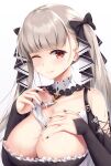  1girl areola_slip areolae azur_lane bangs bare_shoulders black_bow black_dress black_nails blunt_bangs blush bow breasts cleavage collarbone commentary_request dress eyebrows_visible_through_hair fingernails formidable_(azur_lane) frilled_dress frills gradient gradient_background grey_background grey_hair hair_bow hand_on_own_chest hands_up highres hinoka_(allen) large_breasts long_hair looking_at_viewer nail_polish one_eye_closed red_eyes sharp_fingernails simple_background solo suggestive_fluid twintails upper_body white_background 