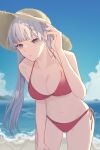  1girl bangs bare_arms bare_shoulders bikini black_clover blue_sky breasts cloud commentary cowboy_shot day grey_eyes hand_up hat highres large_breasts long_hair looking_at_viewer navel noelle_silva nyuu_(nu) outdoors red_bikini side-tie_bikini silver_hair sky solo standing stomach sun_hat swimsuit thighs 