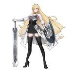  1girl absurdres blonde_hair breasts cleavage dress garter_straps gorgeous_mushroom high_heels highres holding holding_shield holding_sword holding_weapon illusion_connect large_breasts long_hair official_art parted_lips shield simple_background solo standing sword thighhighs third-party_source transparent_background victoria_(illusion_connect) weapon yellow_eyes 