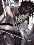  1boy bangs black_hair commentary_request fate/grand_order fate_(series) gloves hair_over_one_eye highres holding holding_weapon katana long_hair long_sleeves looking_at_viewer male_focus okada_izou_(fate) open_mouth ponytail semi_finalfight smile solo sword weapon 