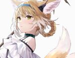  1girl absurdres animal_ears arknights bangs bare_shoulders blonde_hair blue_hoodie braid closed_mouth collar earpiece eyebrows_visible_through_hair fox_ears fox_girl fox_tail from_side green_eyes hair_rings highres hood hoodie infection_monitor_(arknights) layered_clothing looking_at_viewer looking_to_the_side lyas multicolored_hair multiple_tails short_hair simple_background solo staff suzuran_(arknights) tail two-tone_hair upper_body white_background white_hair 