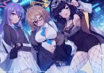  3girls :q animal_ears bangs between_breasts black_hair black_skirt blonde_hair blue_archive blue_necktie braid breasts cleavage collar dog_ears dog_girl dog_tags fishnet_legwear fishnets glasses goggles goggles_on_head halo hibiki_(blue_archive) highres jacket korean_commentary kotori_(blue_archive) large_breasts long_hair long_sleeves multiple_girls navel necktie necktie_between_breasts official_art one_eye_closed open_clothes open_jacket pantyhose pleated_skirt purple_eyes purple_hair red_eyes school_uniform shirt side_braid skirt small_breasts smile takotsu tongue tongue_out utaha_(blue_archive) very_long_hair white_shirt white_skirt 