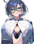  1girl black_hair blue_archive blush bra breasts button_gap buttons chihiro_(blue_archive) cleavage closed_mouth glasses hair_ornament hairclip halo huge_breasts jacket long_hair looking_at_viewer necktie open_clothes open_jacket open_shirt paizuri_invitation purple_eyes school_uniform shirt short_hair silver_hair simple_background solo sweat unbuttoned unbuttoned_shirt underwear ushimittsu white_shirt 