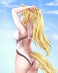  1girl animal_ears arknights arm_up ass bare_arms bare_shoulders blonde_hair blue_sky breasts cloud commentary cowboy_shot day from_behind highres horse_ears large_breasts long_hair nearl_(arknights) nitric_acid_(nitrate2002) one-piece_swimsuit outdoors ponytail sky solo standing swimsuit tail very_long_hair white_swimsuit 