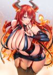  1girl black_legwear breasts bursting_breasts curvy elbow_gloves fiery_hair fingernails fire garter_straps gloves heater_(ole_tower) highres horns huge_breasts leaning_forward long_hair midriff multicolored_hair navel ole_tower open_mouth orange_hair purple_eyes red_hair red_nails solo suzume_inui thighhighs thighs two-tone_hair 