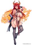  1girl armpit_crease bare_shoulders black_footwear black_legwear breasts commentary_request curvy fiery_hair fingernails fire heater_(ole_tower) highres horns large_breasts multicolored_hair navel ole_tower orange_hair red_hair red_nails solo string_pull suzume_inui thighhighs thighs two-tone_hair 