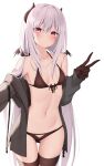  1girl :/ ass_visible_through_thighs bikini blush breasts brown_bikini brown_gloves brown_legwear closed_mouth cowboy_shot embarrassed front-tie_bikini front-tie_top gloves grey_hair grey_jacket hand_up highres horns jacket kamu_(geeenius) long_hair looking_at_viewer navel open_clothes open_jacket original pink_eyes simple_background small_breasts solo swimsuit thigh_gap thighhighs v very_long_hair white_background 