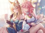  2girls animal_ears bare_shoulders black_gloves blonde_hair blue_kimono breasts cleavage crossed_legs detached_sleeves earrings floppy_ears fox_ears genshin_impact gloves gold_trim hina_(genshin_impact) holding japanese_clothes jewelry kimono large_breasts lino_chang long_sleeves multicolored_hair multiple_girls paper pink_eyes pink_hair short_kimono sitting smile thighs two-tone_hair white_kimono yae_(genshin_impact) 