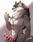  anthro canid canine canis censor_bar erection genitals grin hybrid_genitalia hybrid_penis male mammal michizuki muscular muscular_anthro muscular_male penis smile solo thong_only wolf 