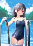  1girl bangs black_hair blue_swimsuit breasts chain-link_fence collarbone competition_school_swimsuit covered_navel cowboy_shot day dripping dutch_angle eyebrows_visible_through_hair fence hands_up haoriya_chie_(minidraco) highres looking_at_viewer minidraco one-piece_swimsuit one_side_up original outdoors pool pool_ladder purple_eyes school_swimsuit shiny shiny_clothes single_sidelock small_breasts smile solo swimsuit water wet 