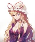  1girl bangs banned_artist bare_shoulders blonde_hair blush breasts cleavage collarbone commentary_request eyelashes hair_between_eyes hair_ribbon hat hat_ribbon large_breasts light_smile lingerie long_hair looking_at_viewer minust mob_cap negligee purple_eyes red_ribbon ribbon ribbon_trim sidelocks simple_background solo standing touhou tress_ribbon underwear underwear_only white_background white_headwear yakumo_yukari 