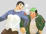  2boys alternate_costume bara black_eyes black_hair blush collared_shirt commentary couple dark-skinned_male dark_skin dn_dn emoticon facial_hair flustered goatee green_eyes green_hair green_jacket heart highres holding_hands hood hoodie jacket long_sideburns looking_at_another male_focus master_3_(housamo) multicolored_hair multiple_boys muscular muscular_male shirt short_hair sideburns smile taurus_mask teeth thick_eyebrows tokyo_afterschool_summoners two-tone_hair upper_body white_hoodie yaoi 