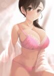  1girl :o absurdres alternate_breast_size bangs bra breasts brown_eyes brown_hair cleavage collarbone futami_mami hair_between_eyes hair_over_shoulder highres idolmaster idolmaster_(classic) idolmaster_2 kumako_(kumakonoh) lace-trimmed_bra lace_trim large_breasts light_blush light_particles long_hair looking_at_viewer navel open_clothes open_mouth open_shirt panties pink_bra pink_panties ponytail shirt solo sunlight underwear underwear_only white_shirt 