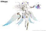  1girl 2021 arm_at_side blue_eyes breasts character_request company_name copyright feathered_wings floating floating_hair gran_saga hand_up headgear highres medium_breasts official_art revealing_clothes shoes silver_hair solo tailcoat white_background wings yeon_bom 