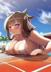  1girl animal_ears azur_lane bangs beach_chair beach_umbrella bikini blue_sky blunt_bangs blush breast_press breasts brown_hair cleavage closed_mouth cloud collarbone commentary_request cow_ears cow_horns day eyebrows_visible_through_hair hair_intakes hair_ribbon horns kashino_(azur_lane) kashino_(hot_springs_relaxation)_(azur_lane) large_breasts long_hair looking_at_viewer maku_ro outdoors palm_tree pool poolside ribbon sideboob sky solo swimsuit tree umbrella white_bikini 