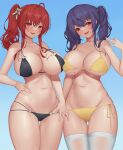  2girls :d :q absurdres ahoge ass_visible_through_thighs azur_lane bangs bare_shoulders bikini black_bikini blue_hair blue_sky blush breasts cleavage collarbone commentary_request cowboy_shot day eyebrows_visible_through_hair groin hair_between_eyes halterneck highres holding_hands interlocked_fingers large_breasts long_hair looking_at_viewer lowleg lowleg_bikini micro_bikini midriff multiple_girls naughty_face navel o-ring o-ring_bikini o-ring_bottom o-ring_top official_alternate_costume open_mouth outdoors pinkcap pola_(azur_lane) pola_(seaside_coincidence)_(azur_lane) red_hair side-tie_bikini side_ponytail sidelocks skindentation sky smile standing stomach strap_gap string_bikini swimsuit thigh_gap thighhighs thighs tongue tongue_out twintails underboob white_legwear yellow_bikini yellow_eyes zara_(azur_lane) zara_(poolside_coincidence)_(azur_lane) 