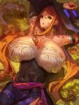  1girl :o armpits arms_up breasts cleavage curvy dragon&#039;s_crown dress eyebrows grass hat huge_breasts kazo large_breasts large_hat long_hair orange_hair outdoors purple_dress shade shaded_face sorceress_(dragon&#039;s_crown) thick_thighs thighs wide_hips witch witch_hat 