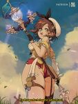  1980s_(style) 1girl :d artist_name ass atelier_(series) atelier_ryza atelier_ryza_2 blue_sky bluethebone braid breasts brown_hair brown_legwear cloud commentary day english_commentary english_text grass highres holding holding_staff looking_at_viewer medium_breasts open_mouth outdoors patreon_username red_shorts reisalin_stout retro_artstyle short_hair short_shorts shorts single_leg_pantyhose single_thighhigh sky smile solo staff standing subtitled thick_thighs thighhighs thighs white_headwear yellow_eyes 