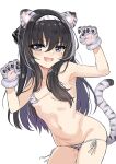  1girl :d animal_ear_fluff animal_ears animal_hands animal_print arm_up armpits bangs bare_shoulders bikini black_hair blush breasts commentary eyebrows_visible_through_hair fang gloves grey_bikini grey_eyes grey_gloves hair_between_eyes hairband hand_up highres leaning_forward long_hair looking_at_viewer micro_bikini mole mole_under_eye navel original paw_gloves print_bikini print_gloves side-tie_bikini small_breasts smile solo standing swimsuit symbol-only_commentary tail tiger_ears tiger_girl tiger_print tiger_tail unname very_long_hair white_hairband 